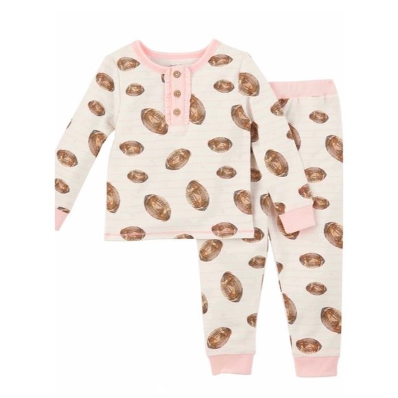 Mud Pie PINK FOOTBALL TODDLER PAJAMA PJ set 5T girls fall 2pc set ruffles sports - Picture 3 of 6